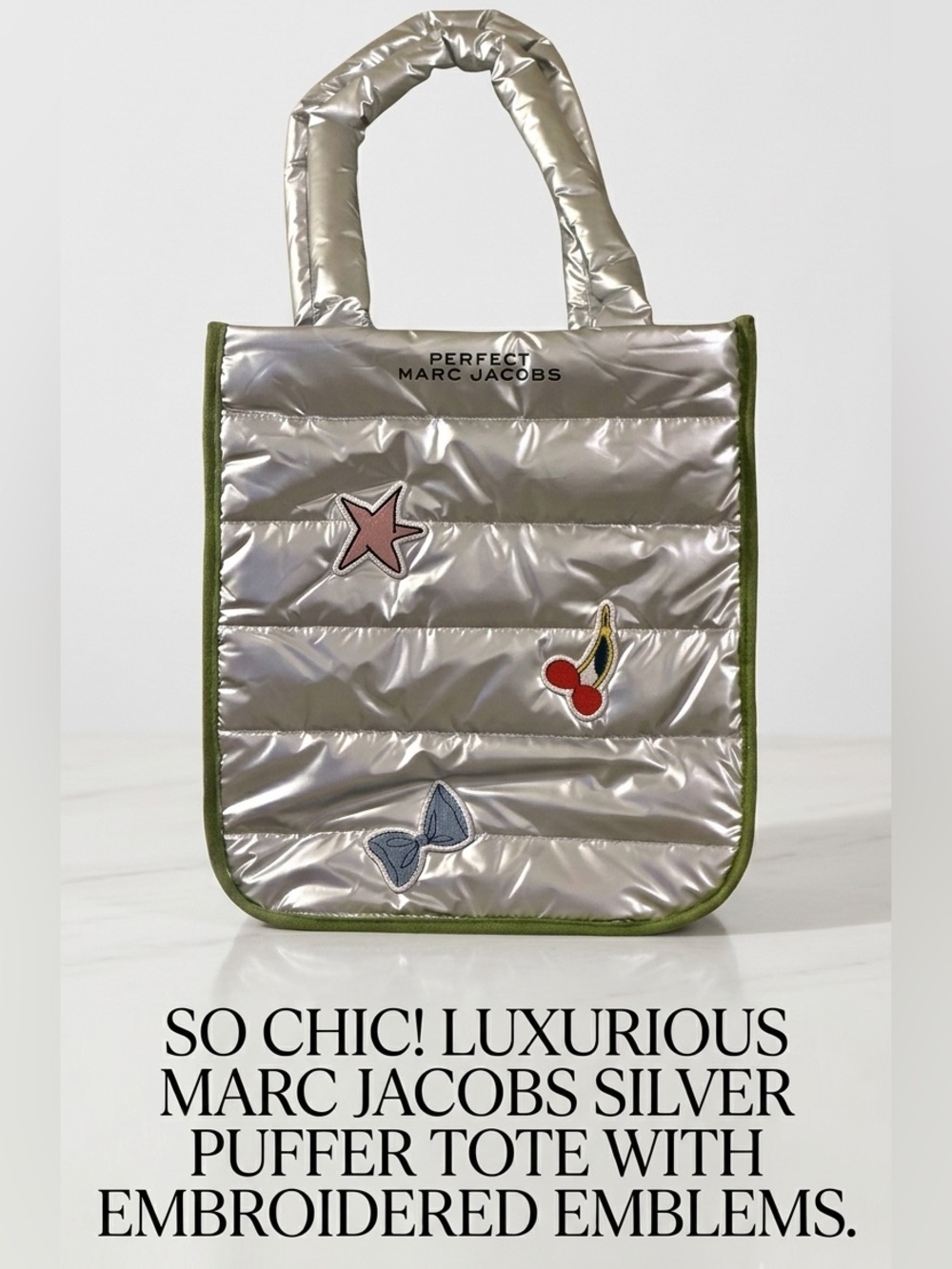 So Chic!Luxurious Marc Jacobs Silver Puffer Tote with embroidered emblems